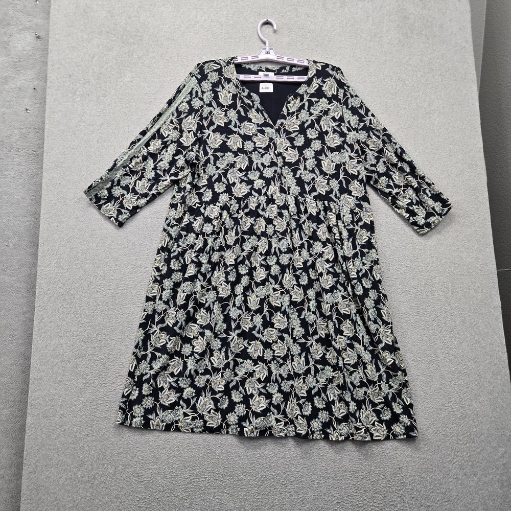 J Jill Women Dress XL Navy Floral A-Line Button 3/4 Sleeve Stretch